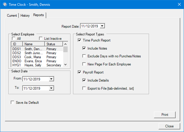 Other Features - Printing Time Clock reports
